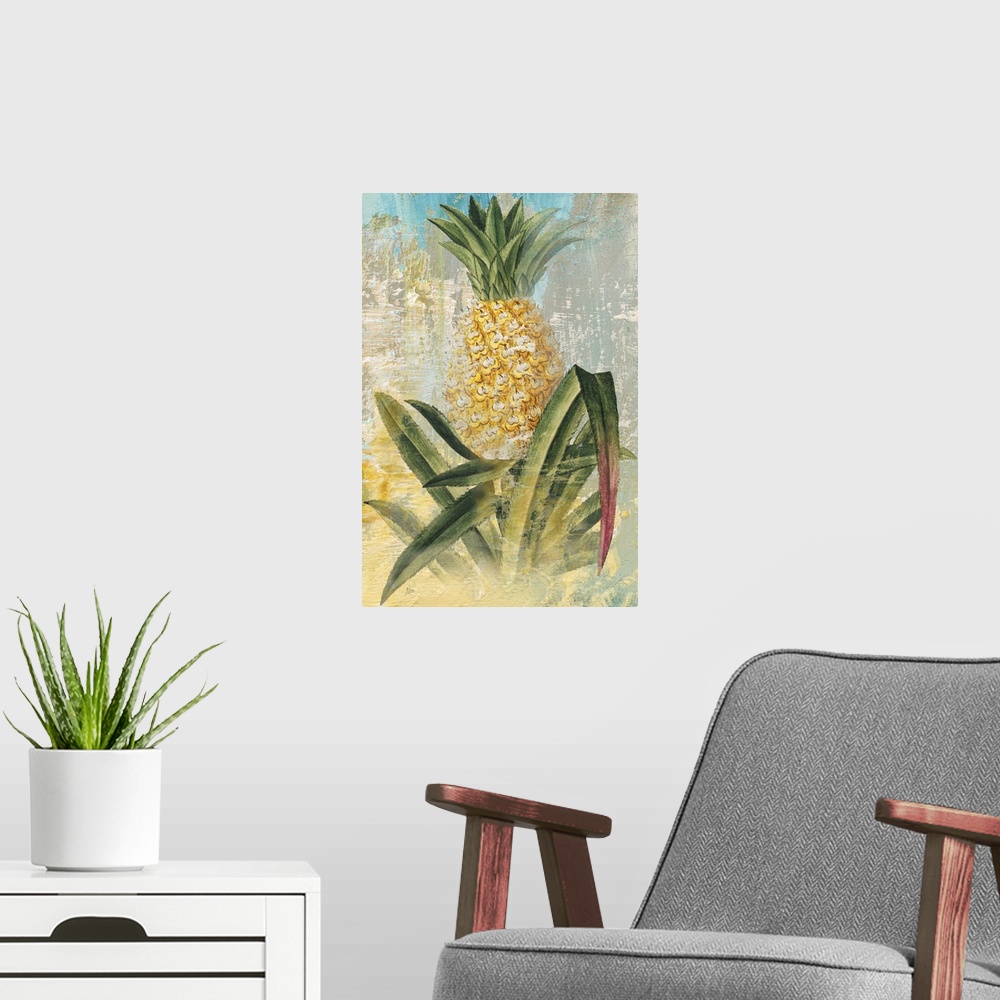 A modern room featuring Contemporary painting of a pineapple in its natural state, growing out of the ground, with long l...