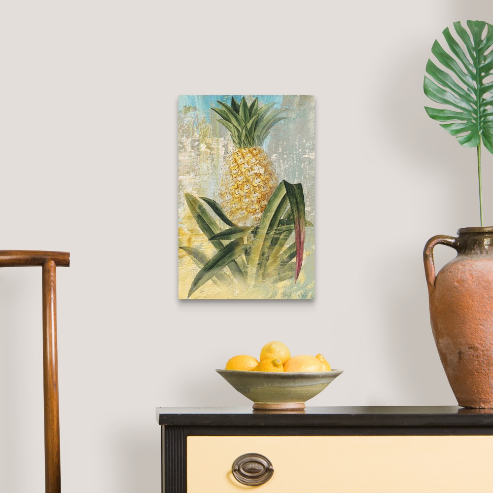 A traditional room featuring Contemporary painting of a pineapple in its natural state, growing out of the ground, with long l...