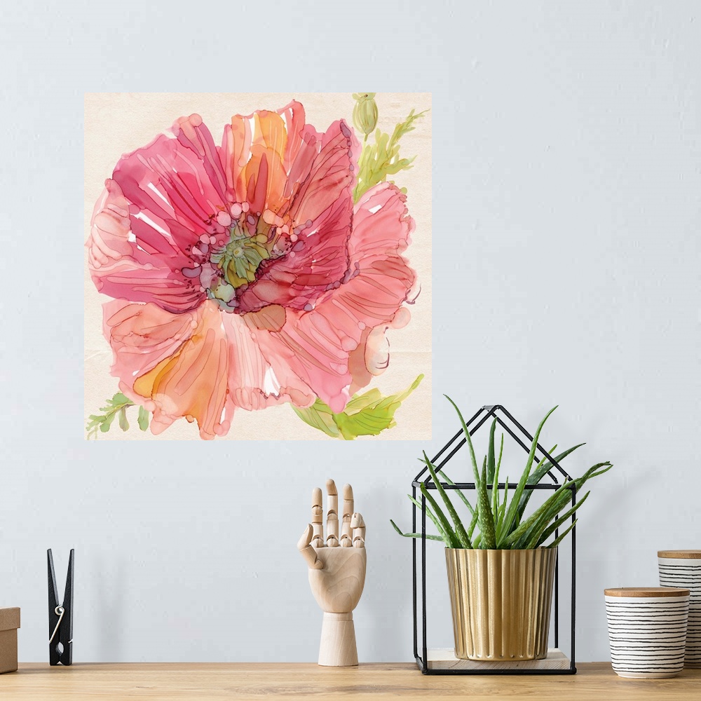 A bohemian room featuring Square watercolor painting of a pink poppy with some orange tones and bright green leaves.