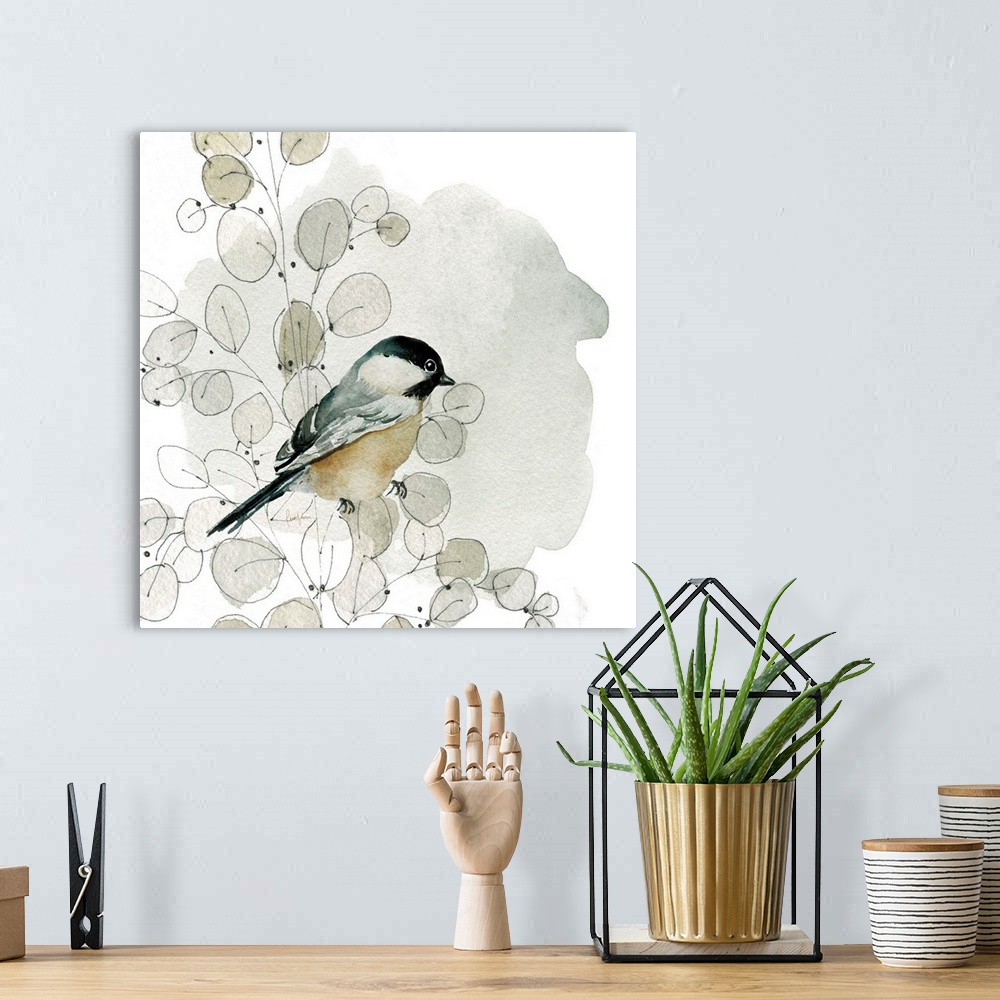 A bohemian room featuring A beautiful little watercolor painting of a small garden bird perched in a branch of silver dolla...