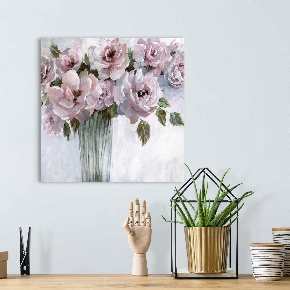 A bohemian room featuring Square painting of a bouquet of flowers with pink and purple tones.