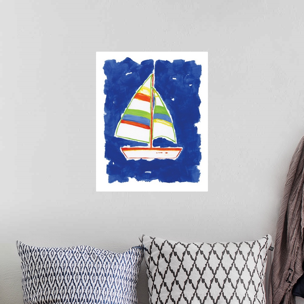A bohemian room featuring A decorative painting of a sailboat that has red, green, and yellow hues with a bright blue backg...