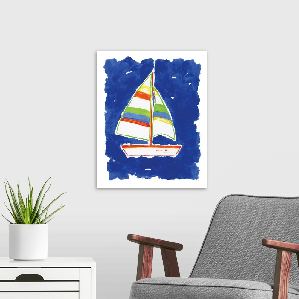 A modern room featuring A decorative painting of a sailboat that has red, green, and yellow hues with a bright blue backg...