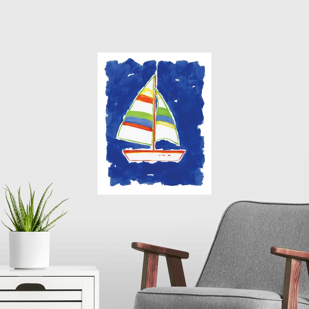 A modern room featuring A decorative painting of a sailboat that has red, green, and yellow hues with a bright blue backg...