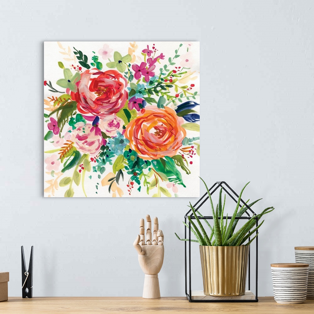 A bohemian room featuring Square watercolor painting of a colorfully arranged bouquet of flowers.