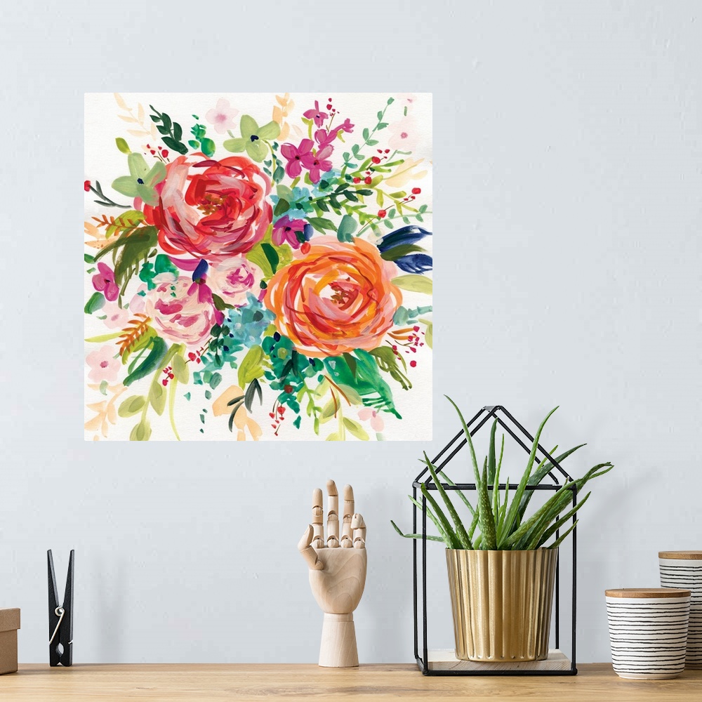 A bohemian room featuring Square watercolor painting of a colorfully arranged bouquet of flowers.