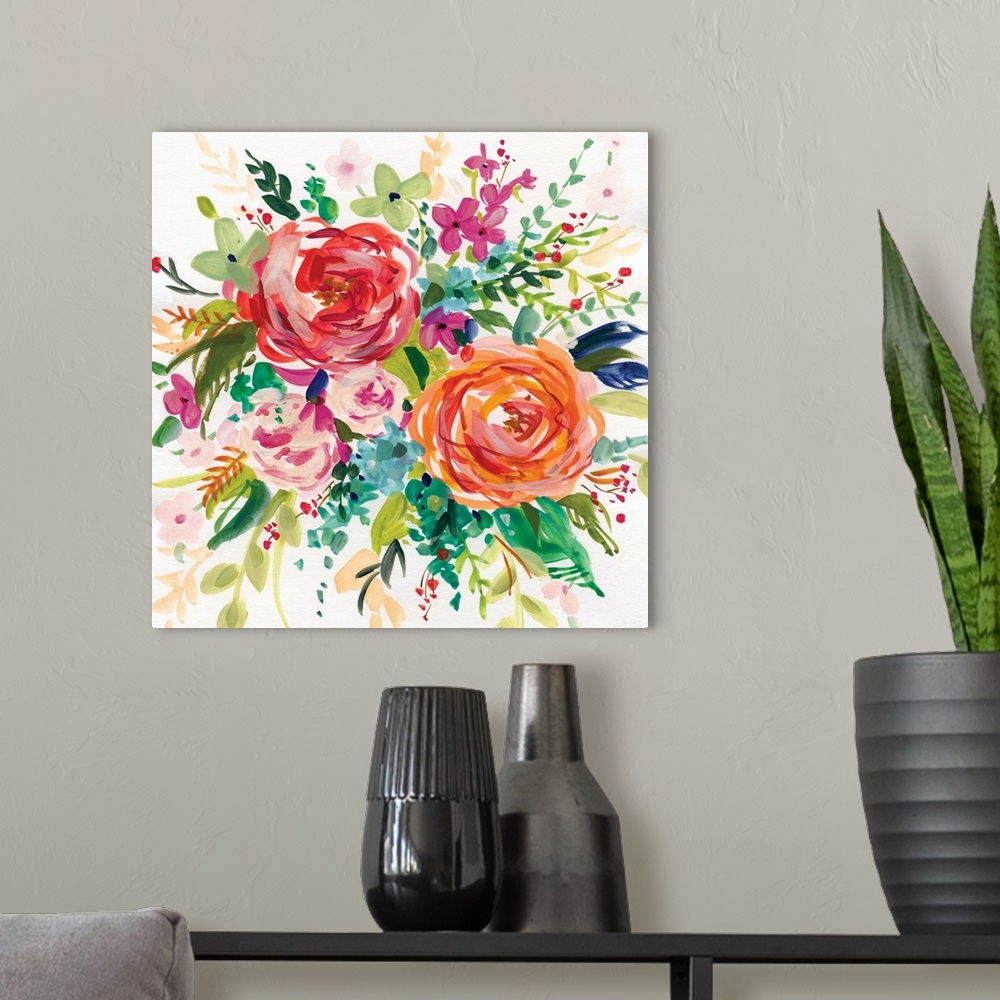 A modern room featuring Square watercolor painting of a colorfully arranged bouquet of flowers.