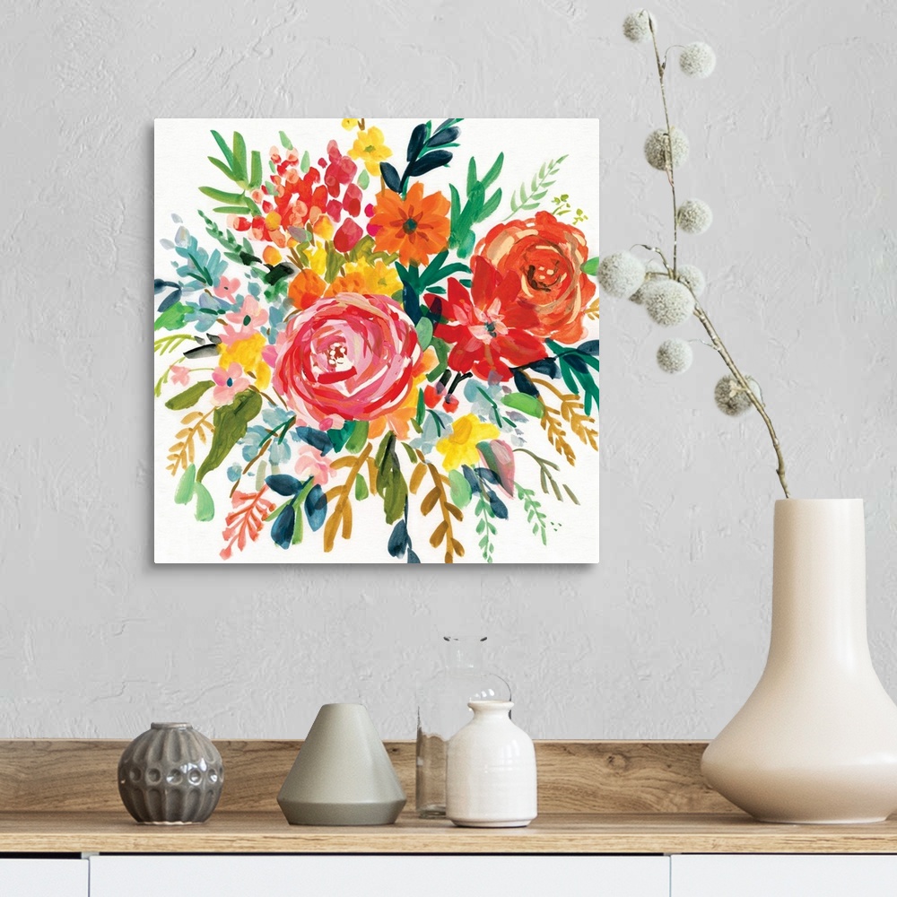 A farmhouse room featuring Square watercolor painting of a colorfully arranged bouquet of flowers.