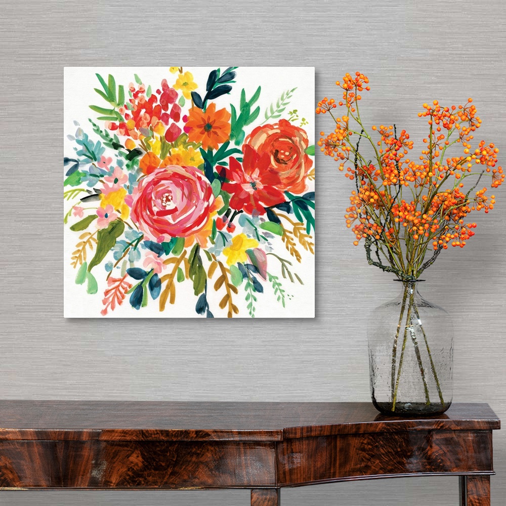 A traditional room featuring Square watercolor painting of a colorfully arranged bouquet of flowers.