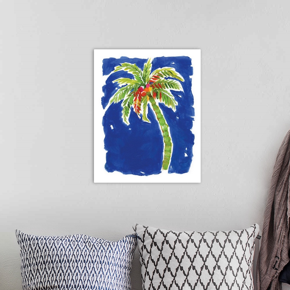 A bohemian room featuring A decorative painting of a green palm tree with coconuts that has hints of red, orange, yellow, a...