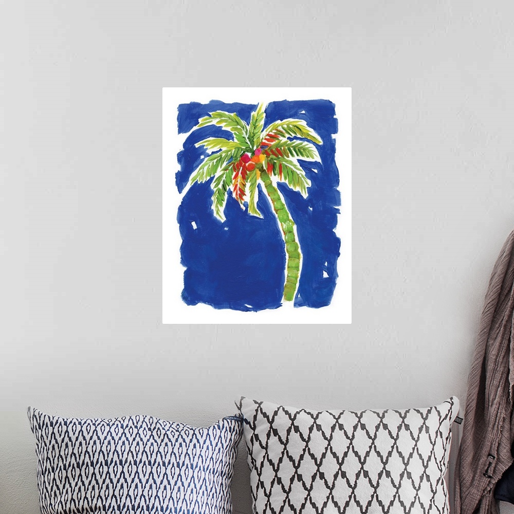 A bohemian room featuring A decorative painting of a green palm tree with coconuts that has hints of red, orange, yellow, a...