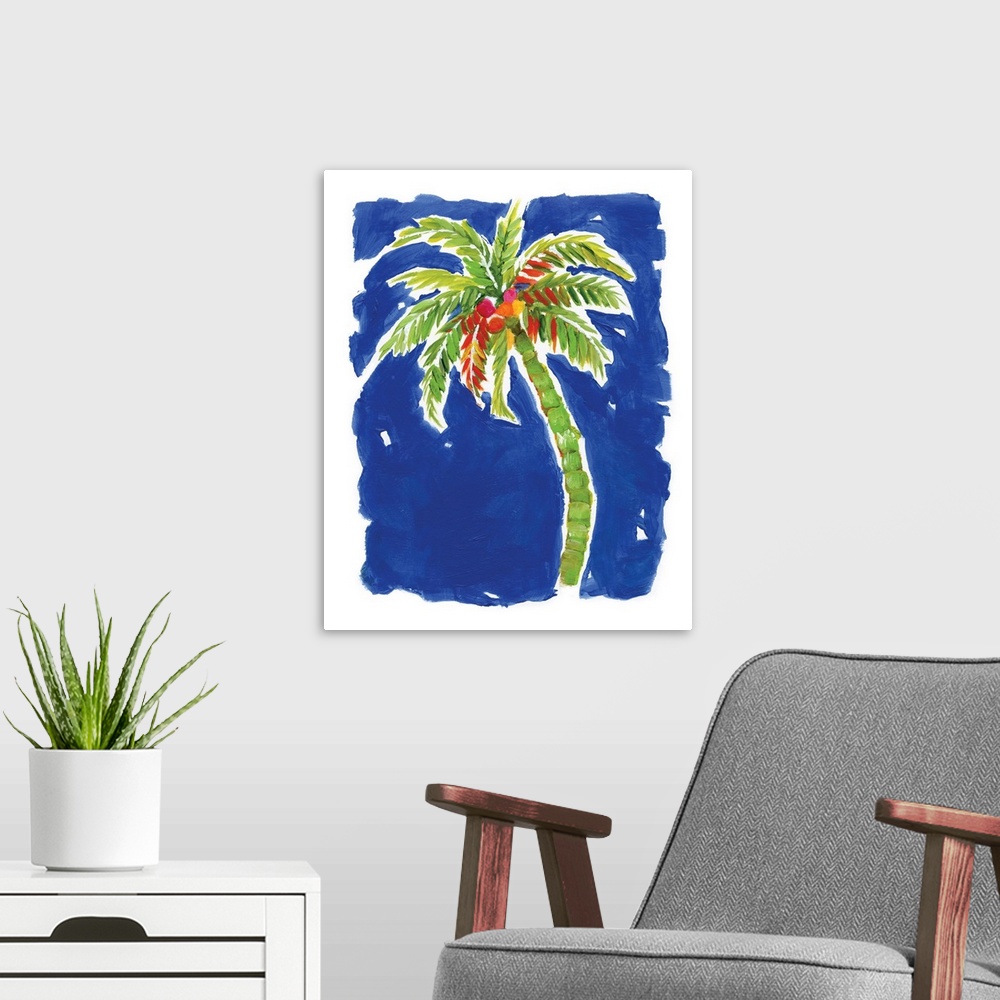 A modern room featuring A decorative painting of a green palm tree with coconuts that has hints of red, orange, yellow, a...