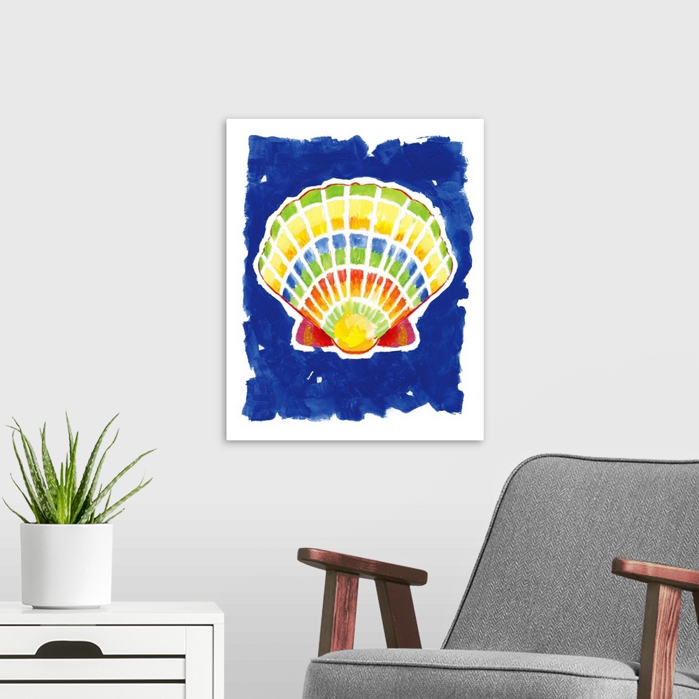 A modern room featuring A decorative painting of a large seashell with red, pink, yellow, orange, and green hues on a bri...