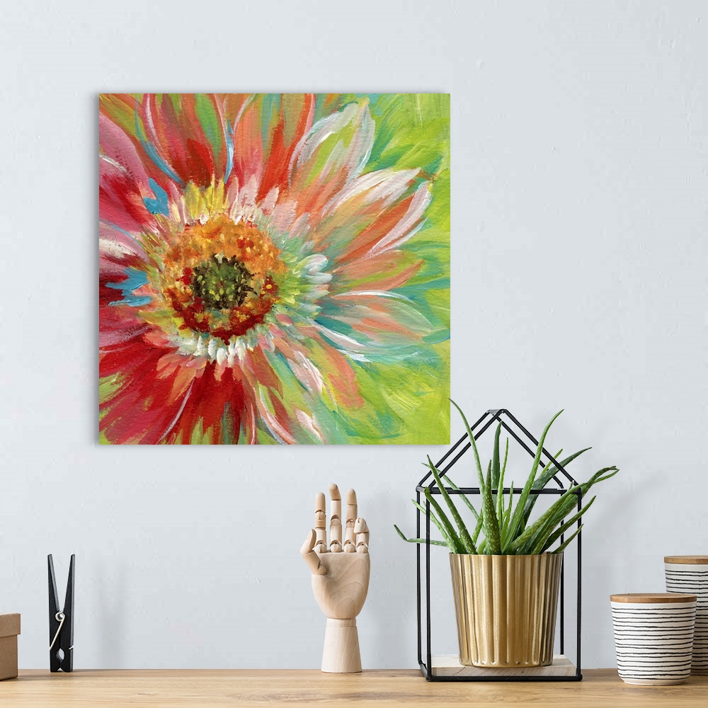 A bohemian room featuring Square painting of a colorful flower on a bright green background.