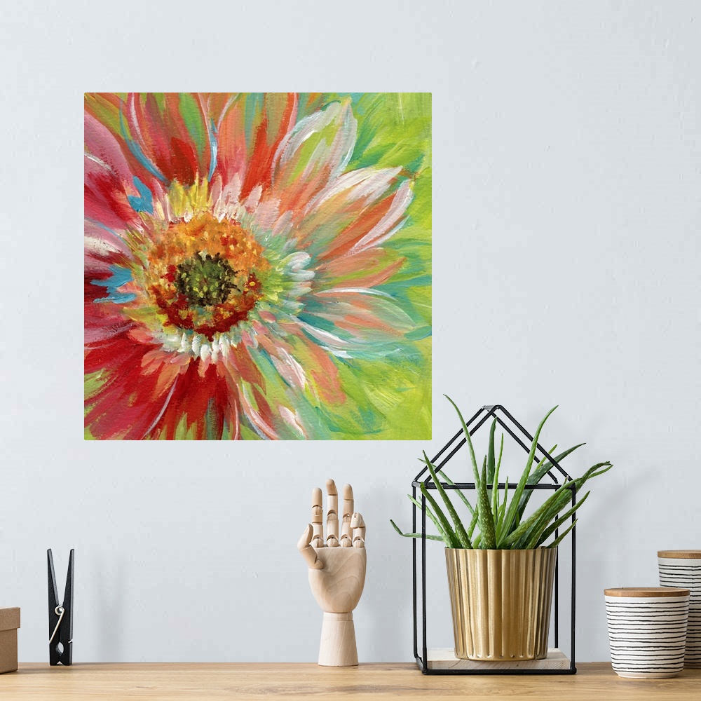 A bohemian room featuring Square painting of a colorful flower on a bright green background.