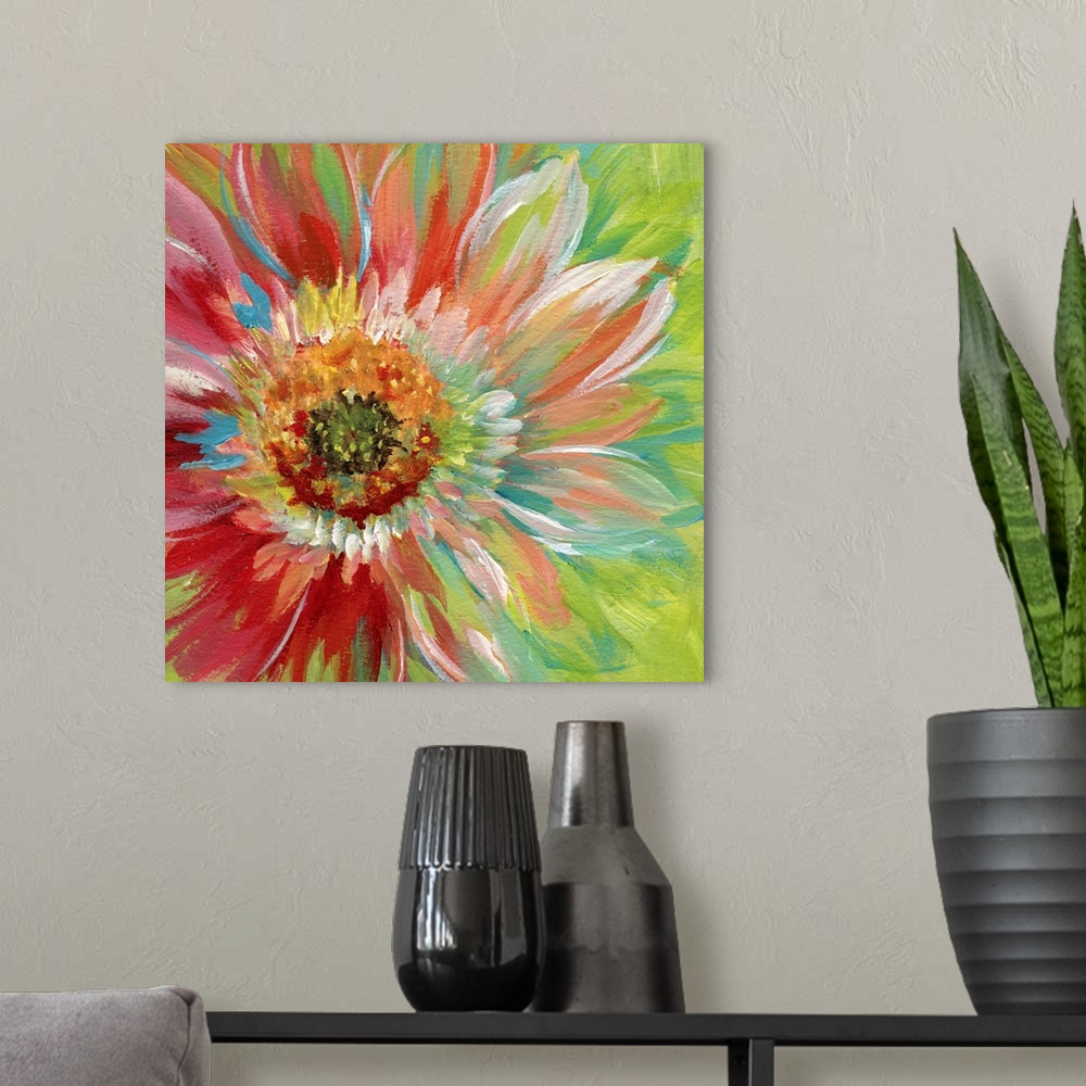 A modern room featuring Square painting of a colorful flower on a bright green background.