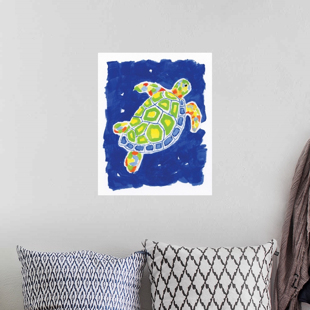 A bohemian room featuring A decorative painting of a sea turtle that has green, yellow, orange, and red hues on a bright bl...