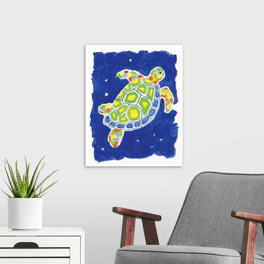 A modern room featuring A decorative painting of a sea turtle that has green, yellow, orange, and red hues on a bright bl...