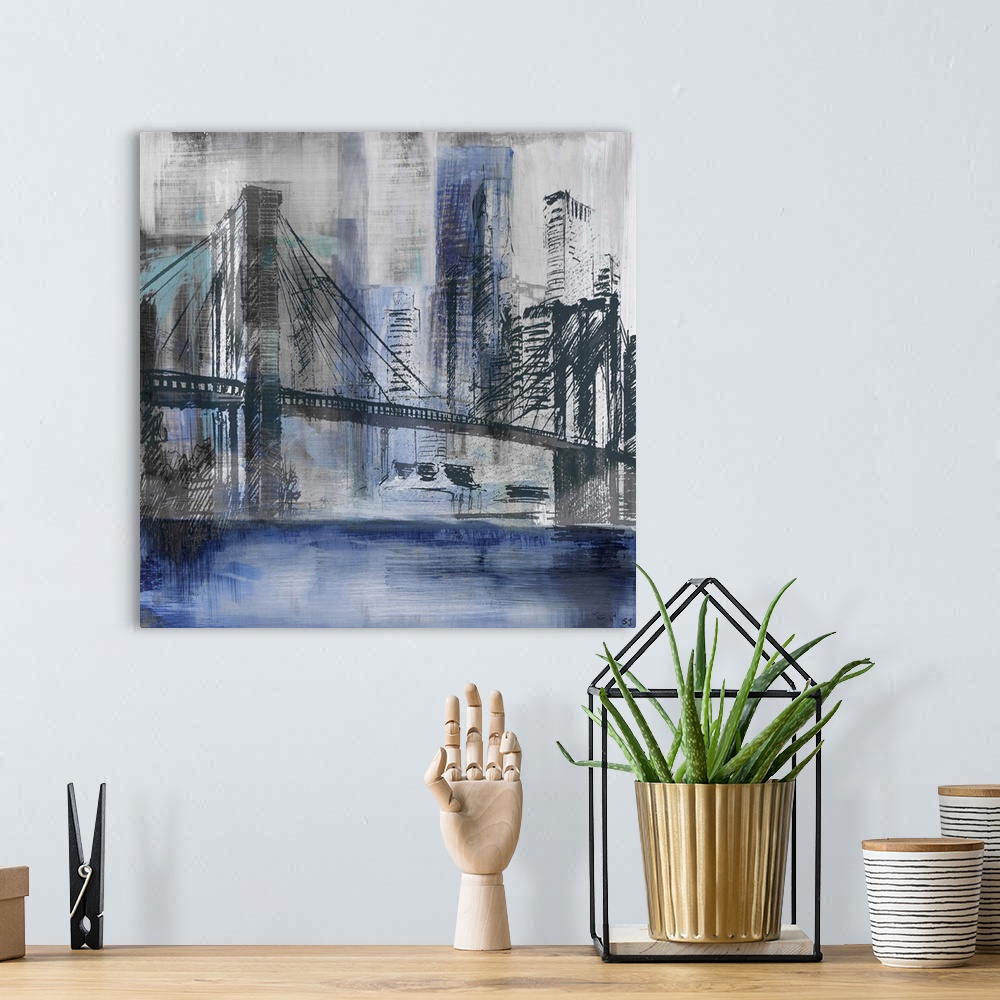 A bohemian room featuring Square abstract painting of a New York City cityscape, highlighting the Brooklyn Bridge, in shade...