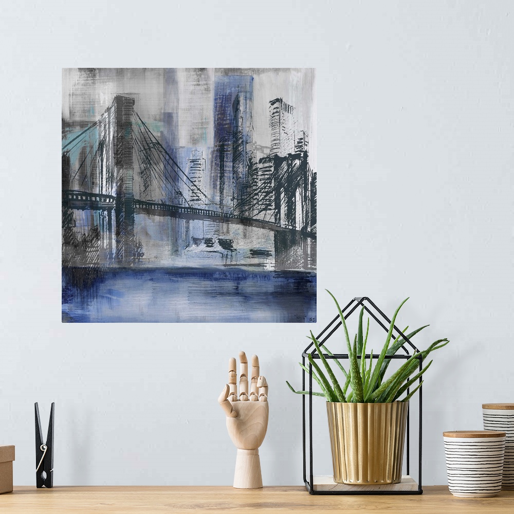 A bohemian room featuring Square abstract painting of a New York City cityscape, highlighting the Brooklyn Bridge, in shade...