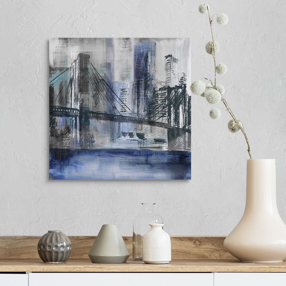 A farmhouse room featuring Square abstract painting of a New York City cityscape, highlighting the Brooklyn Bridge, in shade...