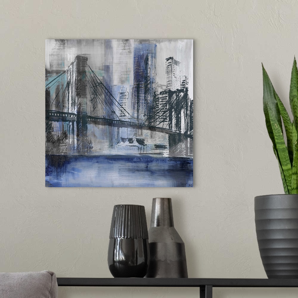 A modern room featuring Square abstract painting of a New York City cityscape, highlighting the Brooklyn Bridge, in shade...