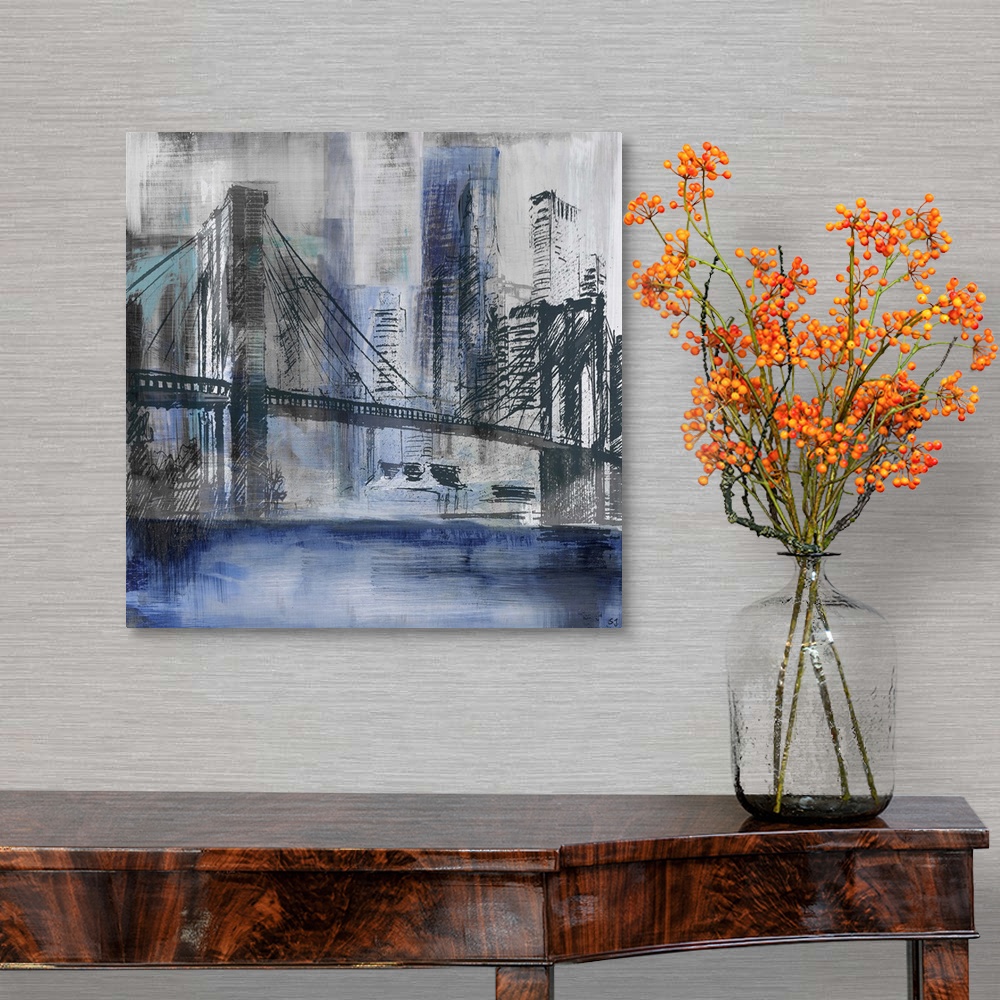 A traditional room featuring Square abstract painting of a New York City cityscape, highlighting the Brooklyn Bridge, in shade...