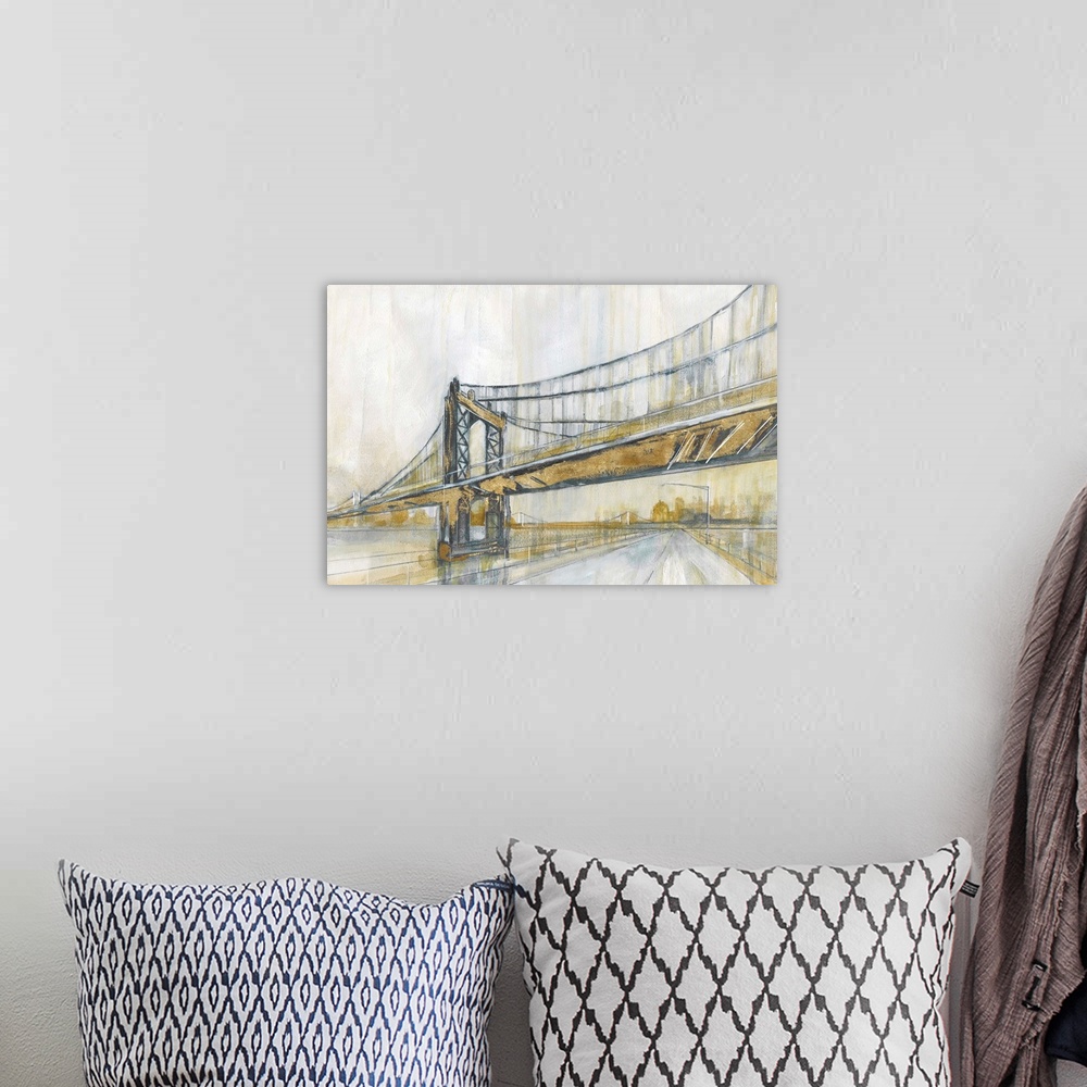 A bohemian room featuring Contemporary painting of the Manhattan Bridge in New York City in shades of gold and grey.