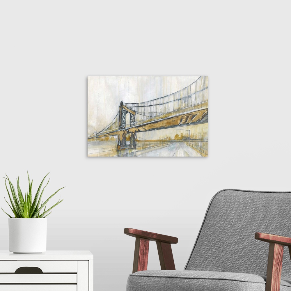 A modern room featuring Contemporary painting of the Manhattan Bridge in New York City in shades of gold and grey.