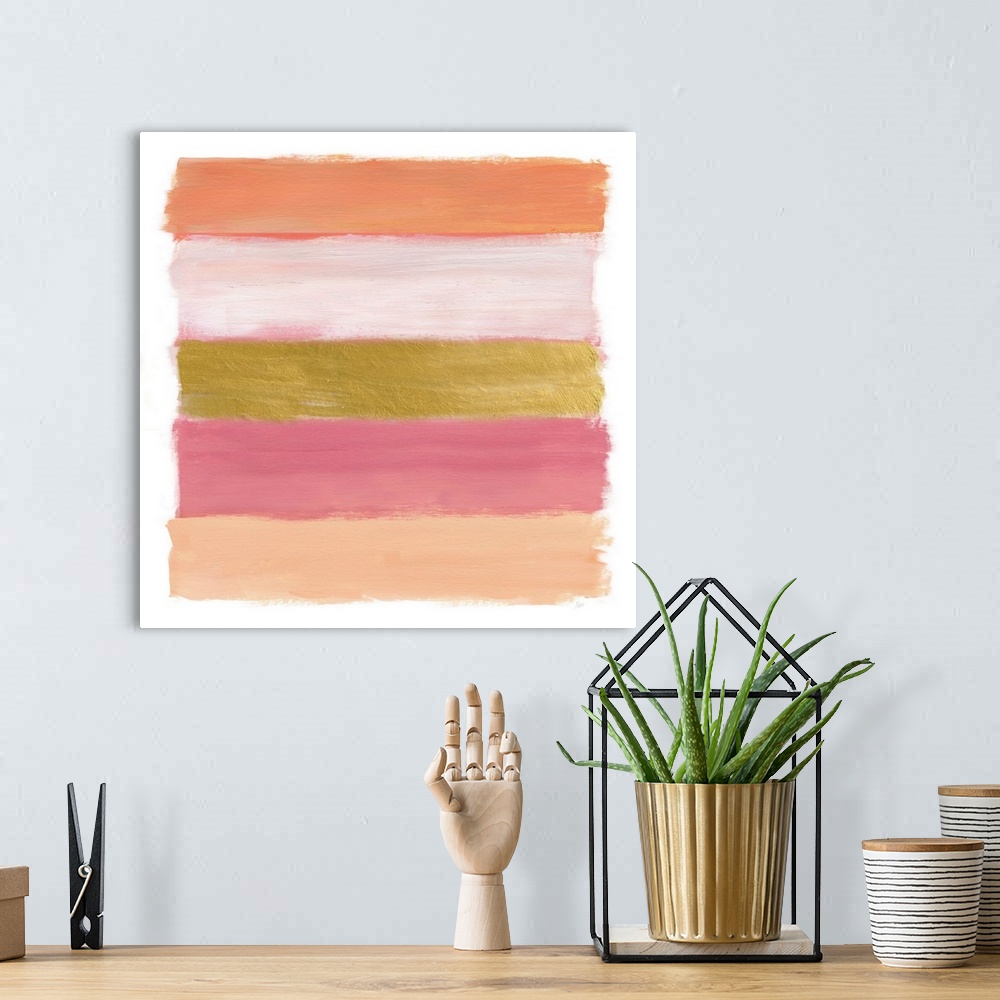A bohemian room featuring Five horizontal brush strokes stacked on top of each other construct this horizontal abstract con...