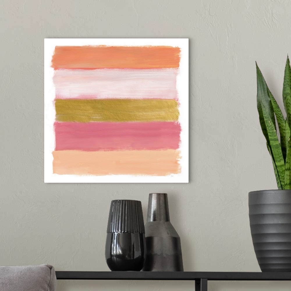 A modern room featuring Five horizontal brush strokes stacked on top of each other construct this horizontal abstract con...