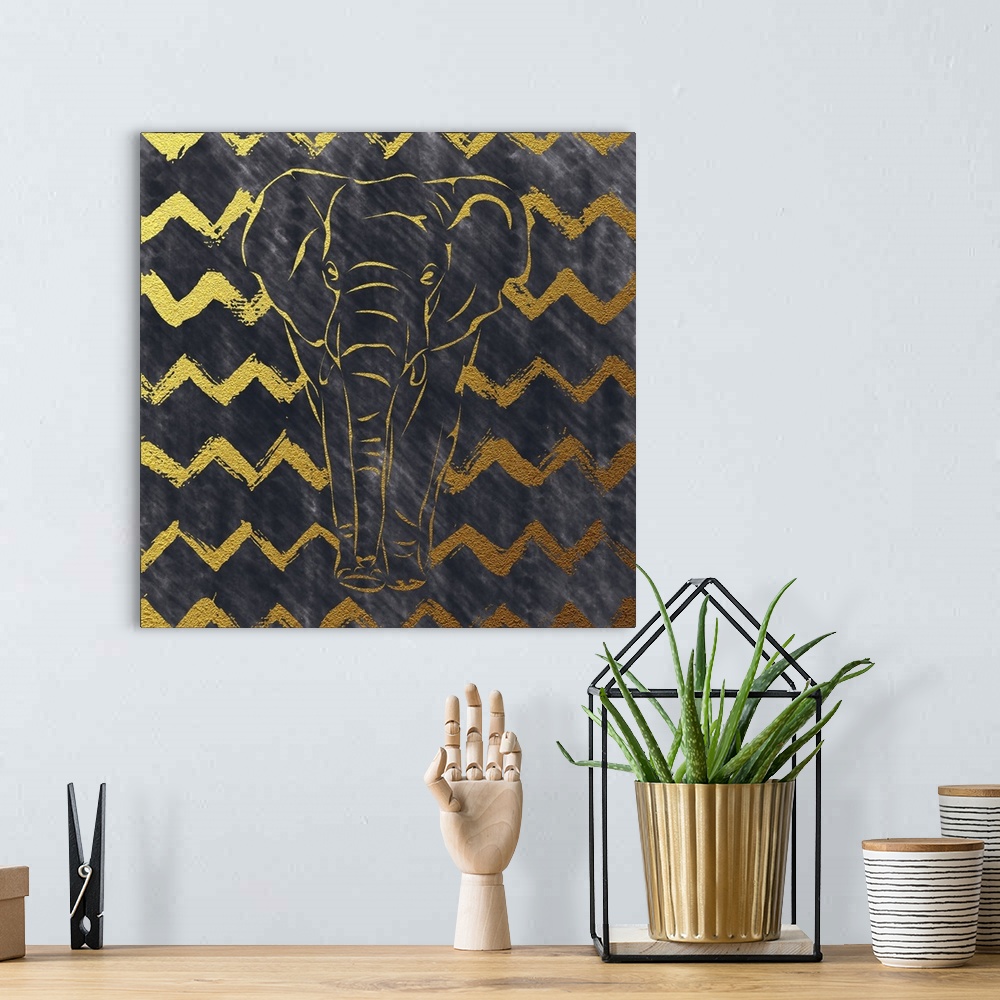 A bohemian room featuring Square illustration of an elephant in gold and black with a zig-zag design in the background.