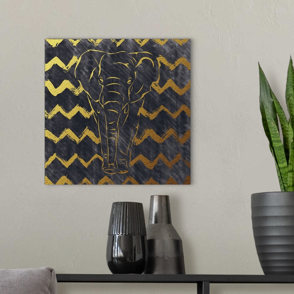 A modern room featuring Square illustration of an elephant in gold and black with a zig-zag design in the background.