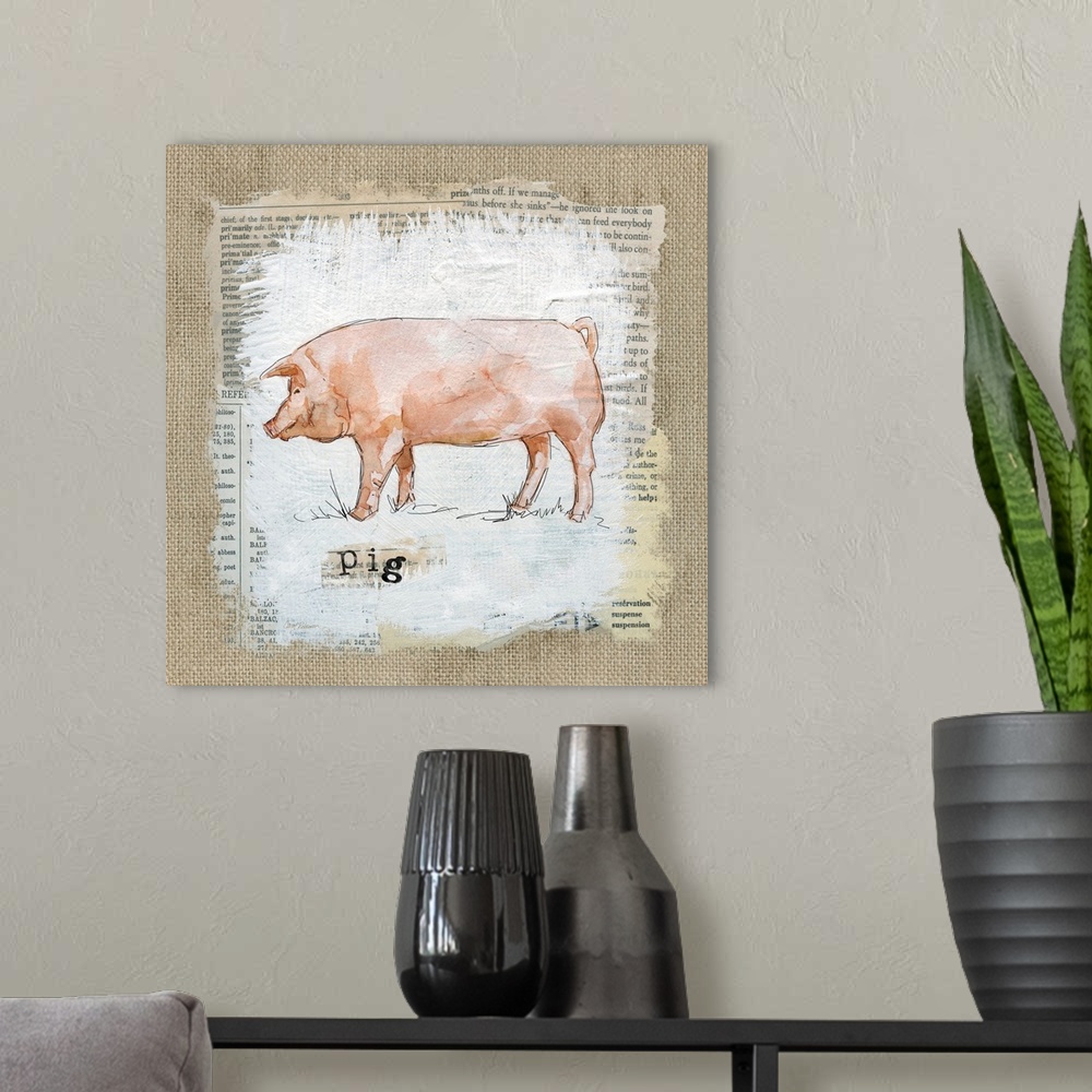 A modern room featuring Square burlap collage art of a pig painted on top of newspaper clippings with the word "pig" stam...