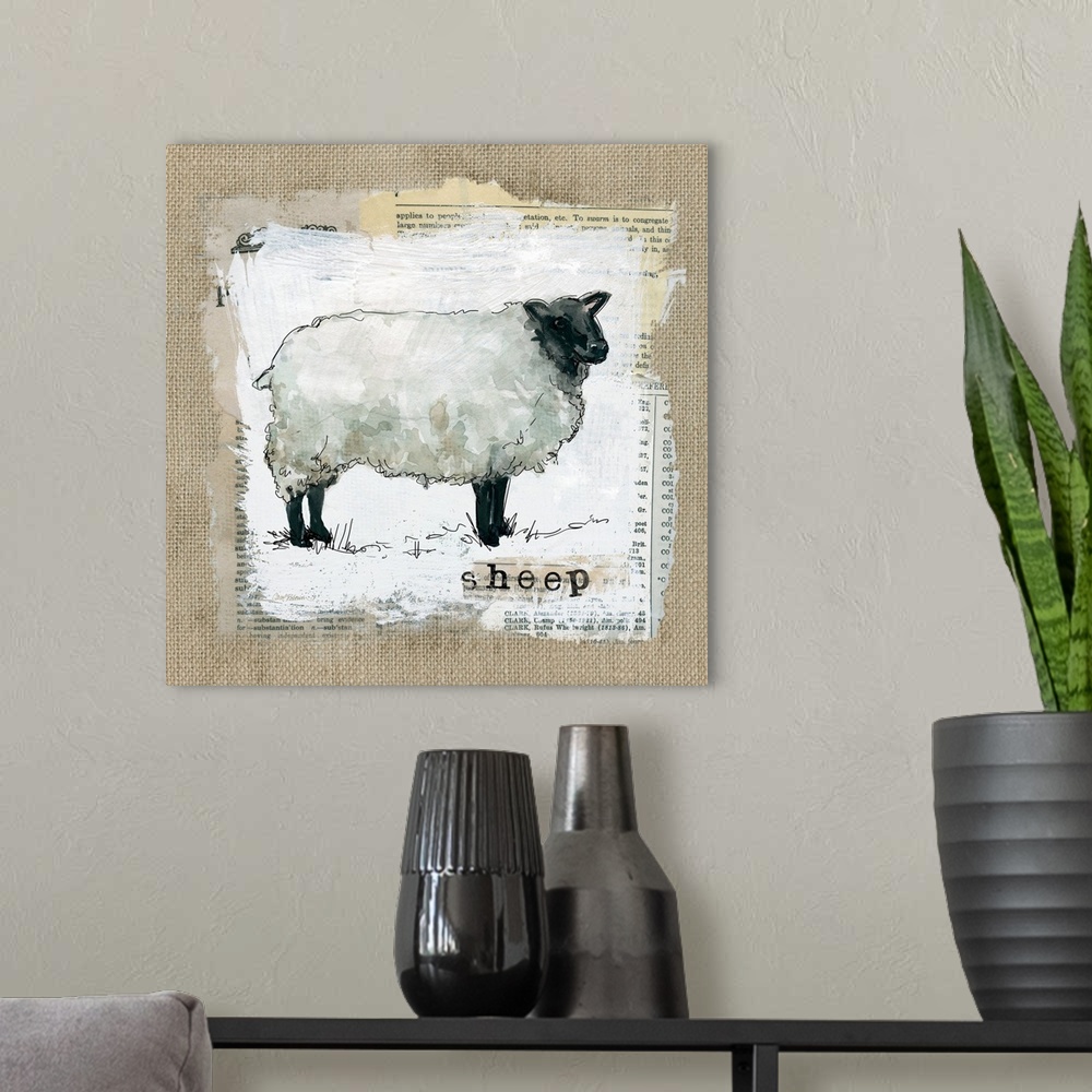 A modern room featuring Square burlap collage art of a sheep painted on top of newspaper clippings with the word "sheep" ...