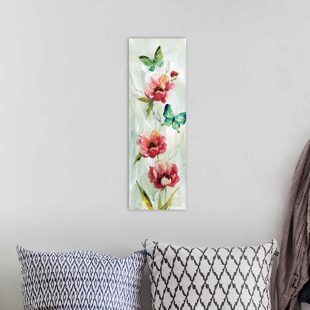 A bohemian room featuring Large panel painting of dark pink flowers and red and green butterflies on a muted blue and green...