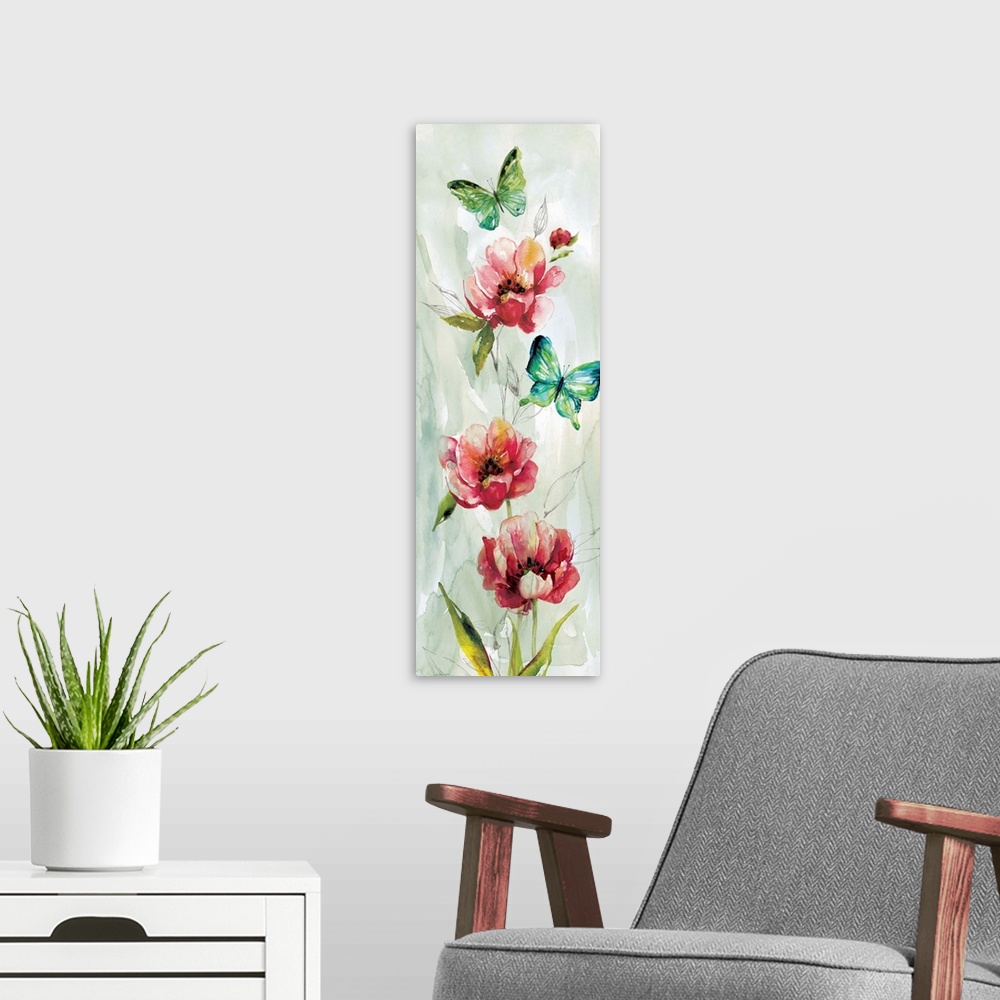 A modern room featuring Large panel painting of dark pink flowers and red and green butterflies on a muted blue and green...