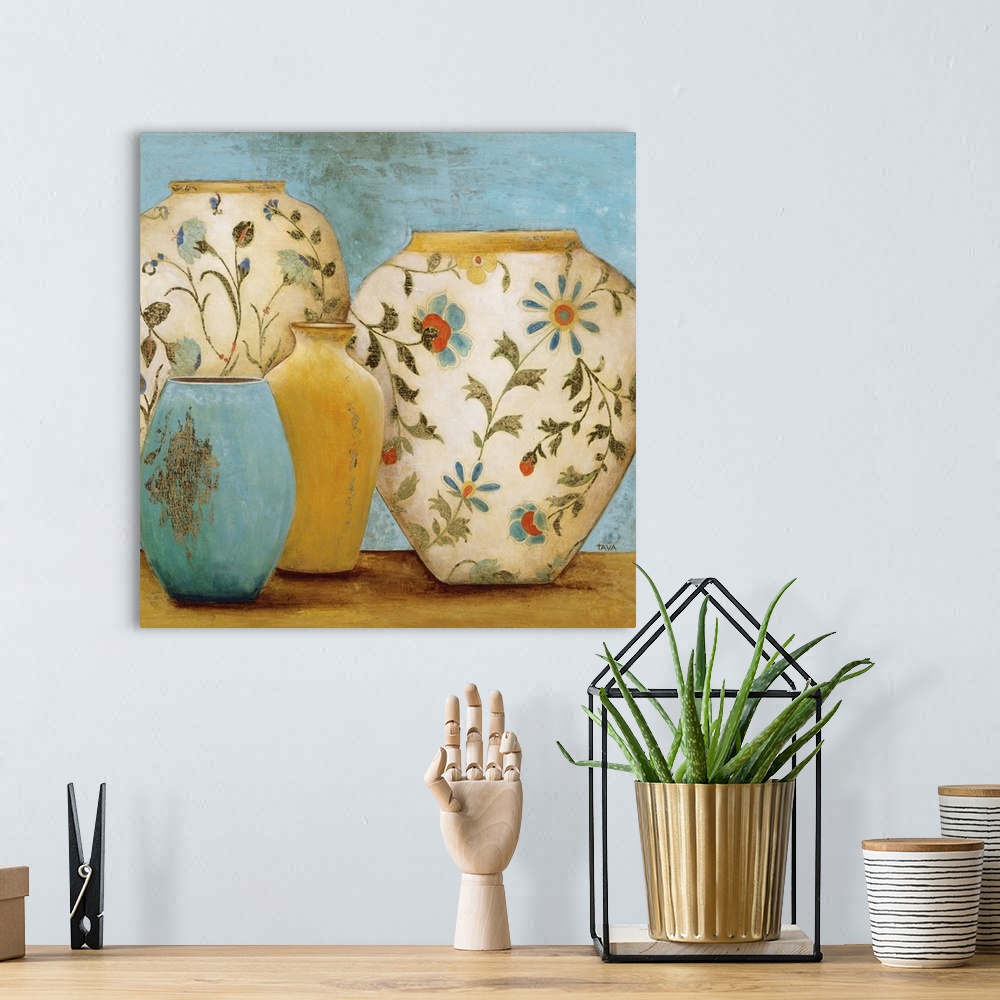 A bohemian room featuring Contemporary still life painting of four handmade pots.