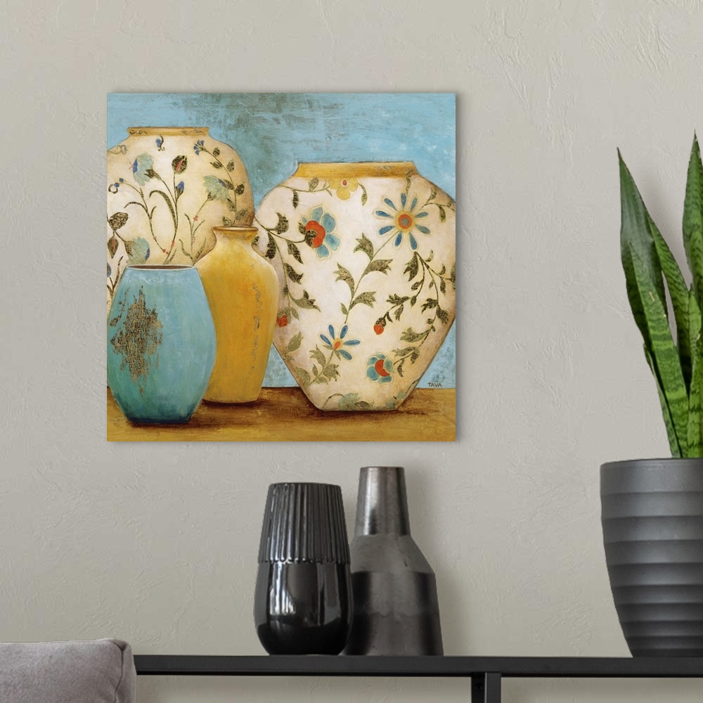 A modern room featuring Contemporary still life painting of four handmade pots.