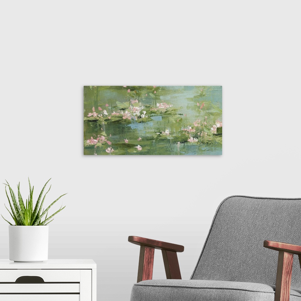 A modern room featuring Celadon Waterlillies I