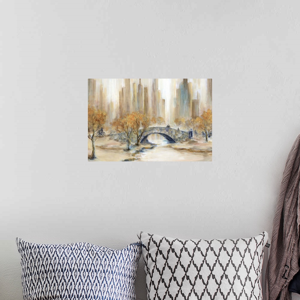 A bohemian room featuring Abstract painting of Central Park, NYC in Autumn.