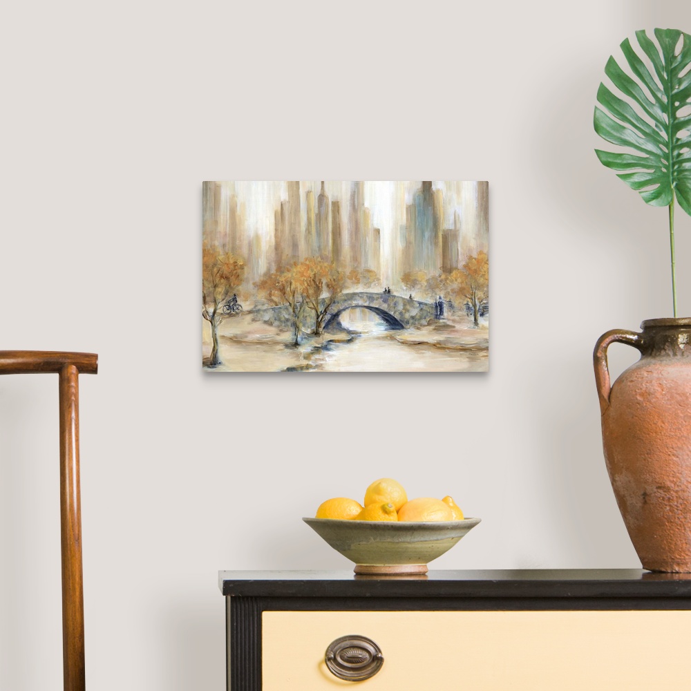 A traditional room featuring Abstract painting of Central Park, NYC in Autumn.