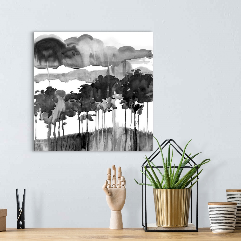 A bohemian room featuring Square watercolor painting of an abstract landscape in black and white with clouds dripping onto ...
