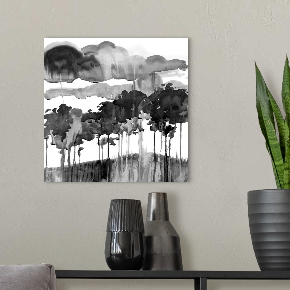 A modern room featuring Square watercolor painting of an abstract landscape in black and white with clouds dripping onto ...
