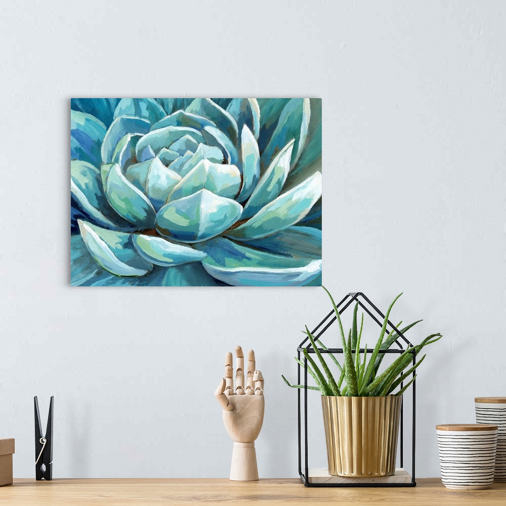 A bohemian room featuring A large horizontal close up image of succulents in shades of blue and green.
