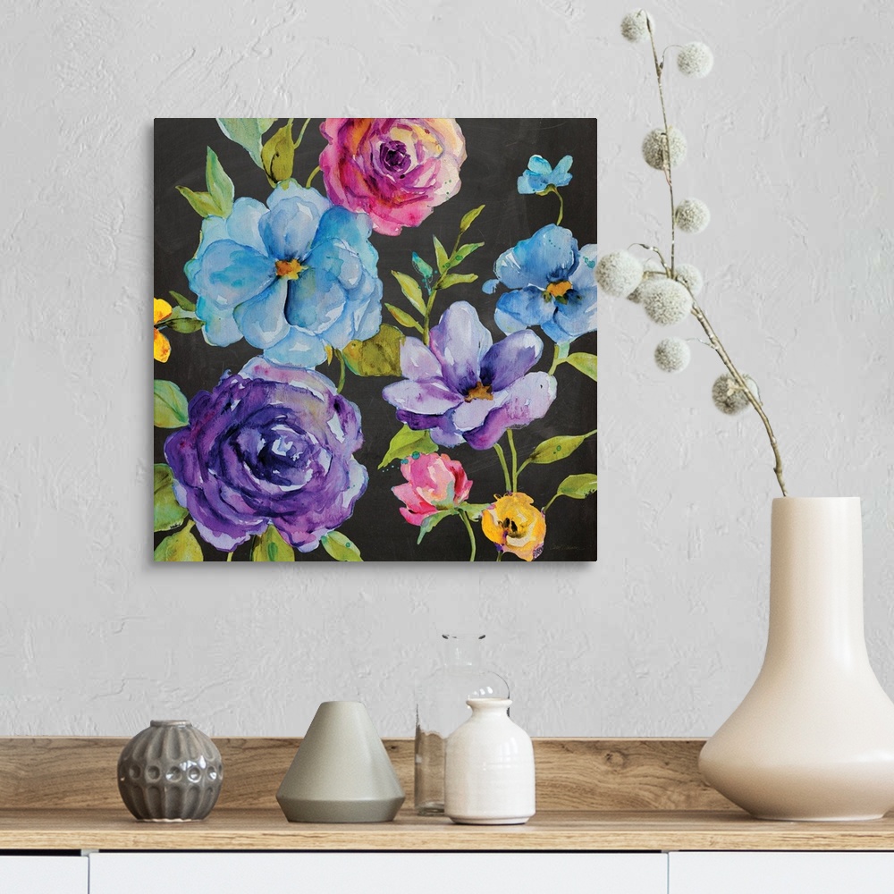 A farmhouse room featuring An assortment of watercolor flowers rest on a chalkboard background.