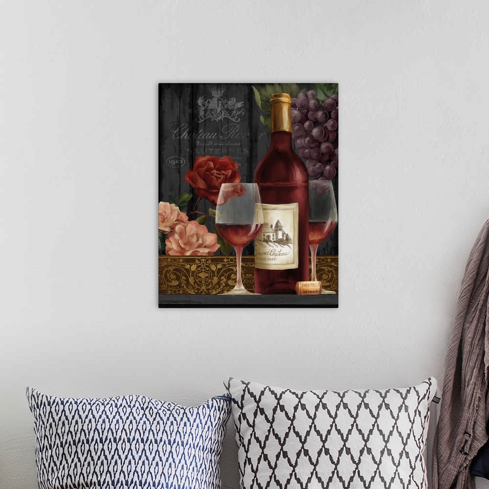 A bohemian room featuring Still life painting of a wine bottle and two glasses of red wine with grapes and flowers in the b...