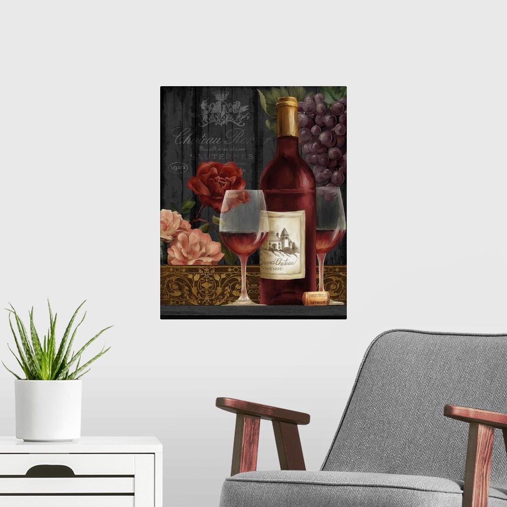 A modern room featuring Still life painting of a wine bottle and two glasses of red wine with grapes and flowers in the b...