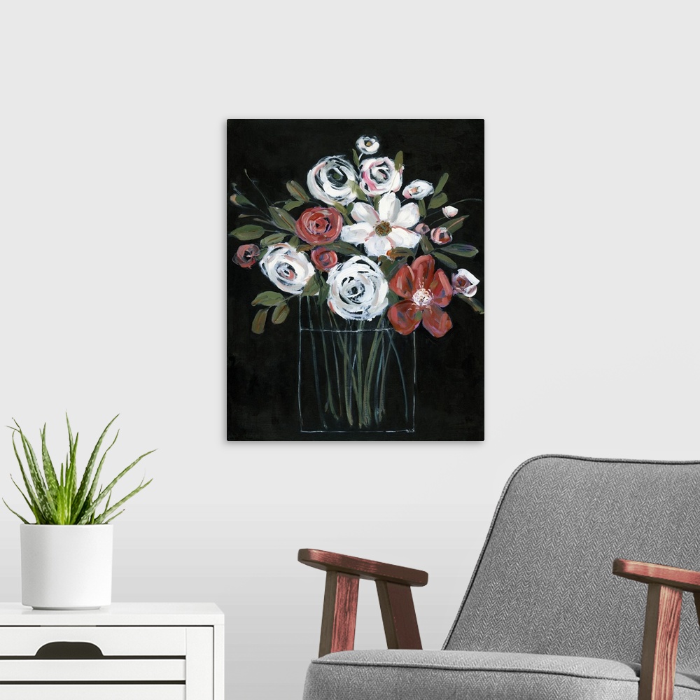 A modern room featuring Large vertical painting with white and red flowers in a glass vase on a solid black background cr...