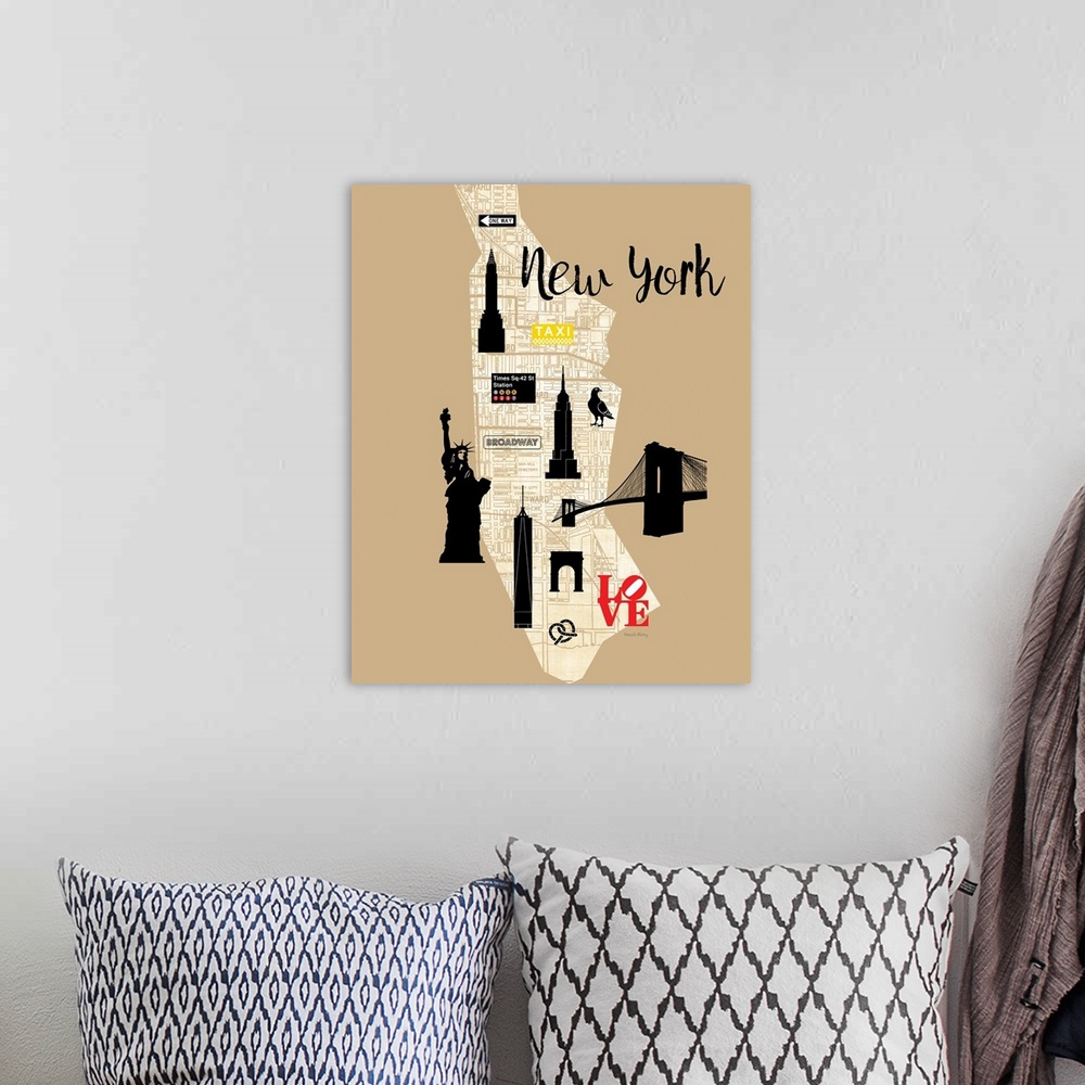 A bohemian room featuring Beige, white, and black illustrated map of New York highlighting landmarks.